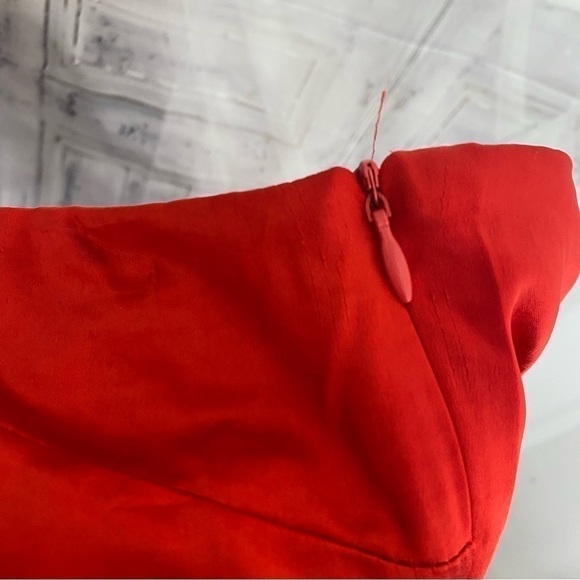 Skies Are Blue Medium One Shoulder Long Sleeve Solid Red Dress Satin Midi Slit - Picture 9 of 12